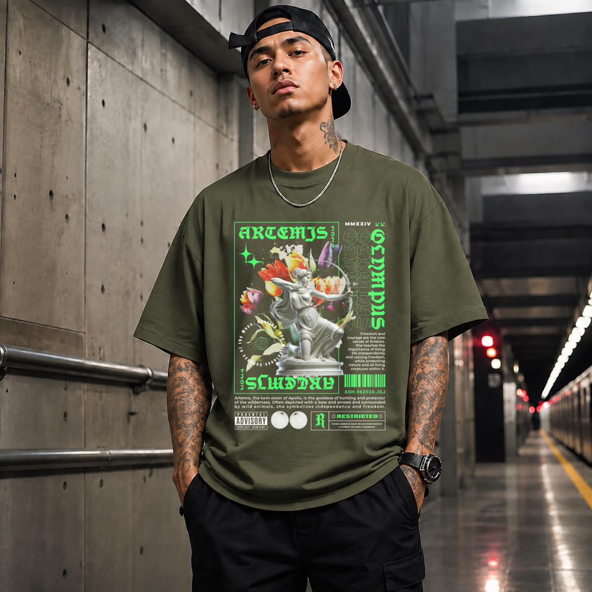 Artemis Olympus T-Shirt – Religious Imagery Collage Graphic Tee - Color: Military Green