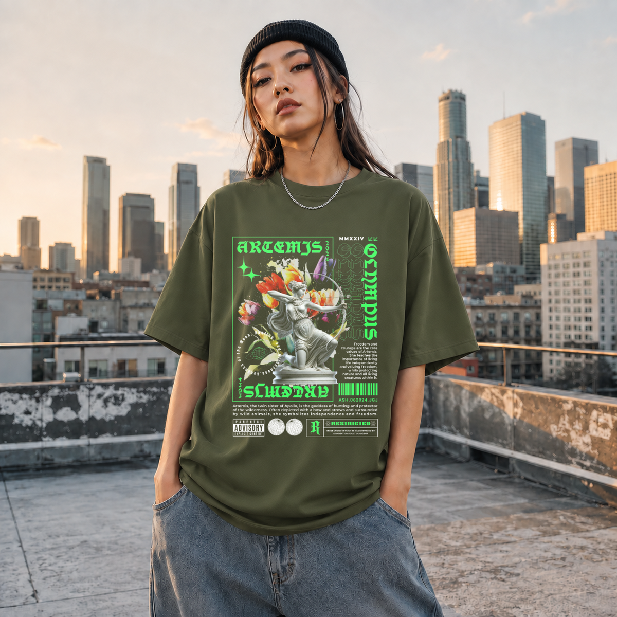 Artemis Olympus T-Shirt – Religious Imagery Collage Graphic Tee - Color: Millitary Green
