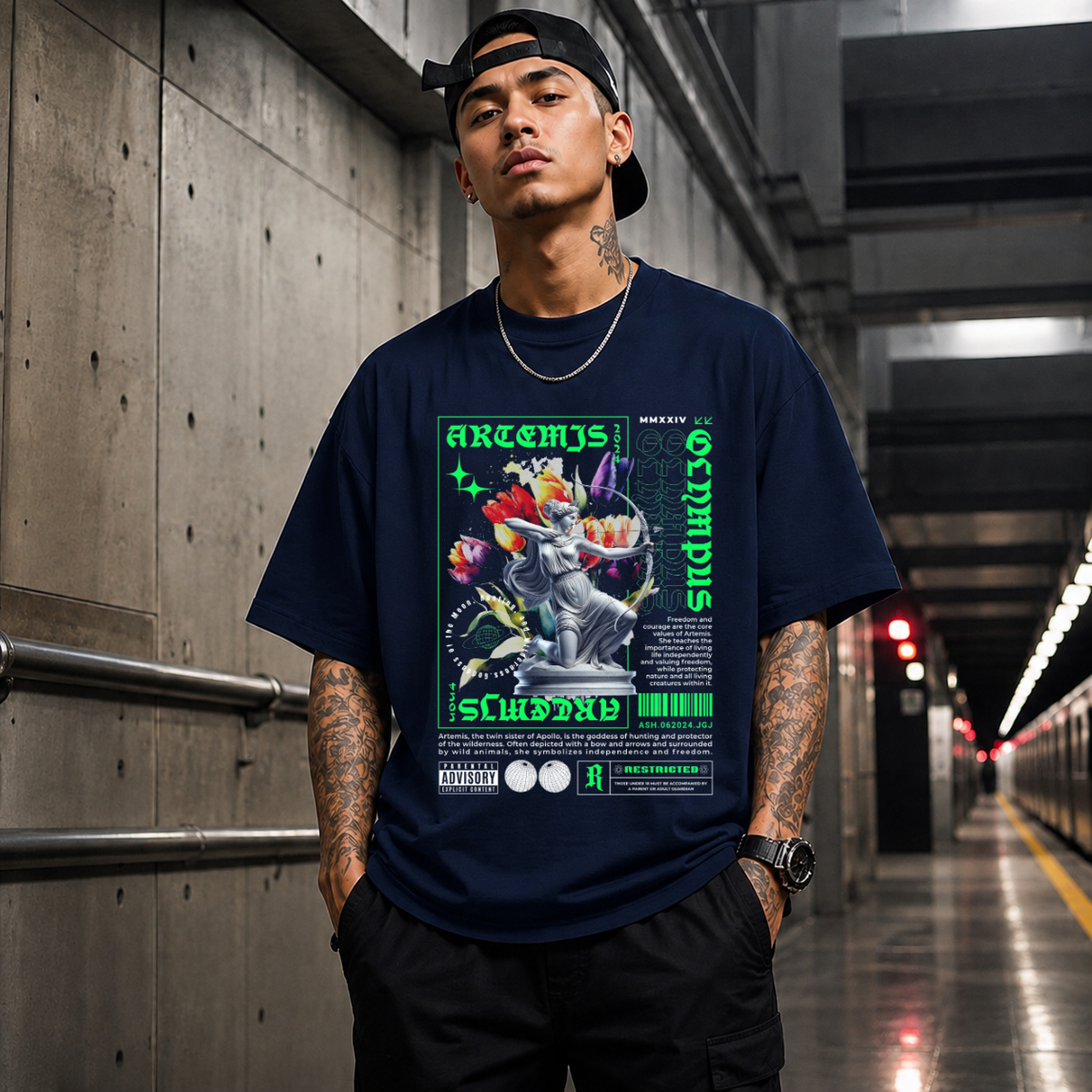 Artemis Olympus T-Shirt – Religious Imagery Collage Graphic Tee - Color: Navy
