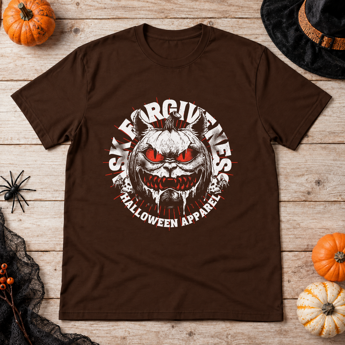 Ask Forgiveness T-Shirt – Classic Halloween Graphic Design Graphic Tee - Color: chocolate