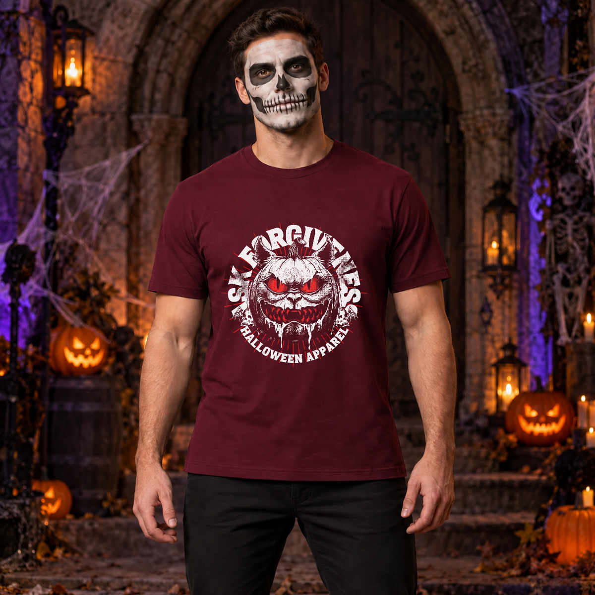 Ask Forgiveness T-Shirt – Classic Halloween Graphic Design Graphic Tee - Color: maroon