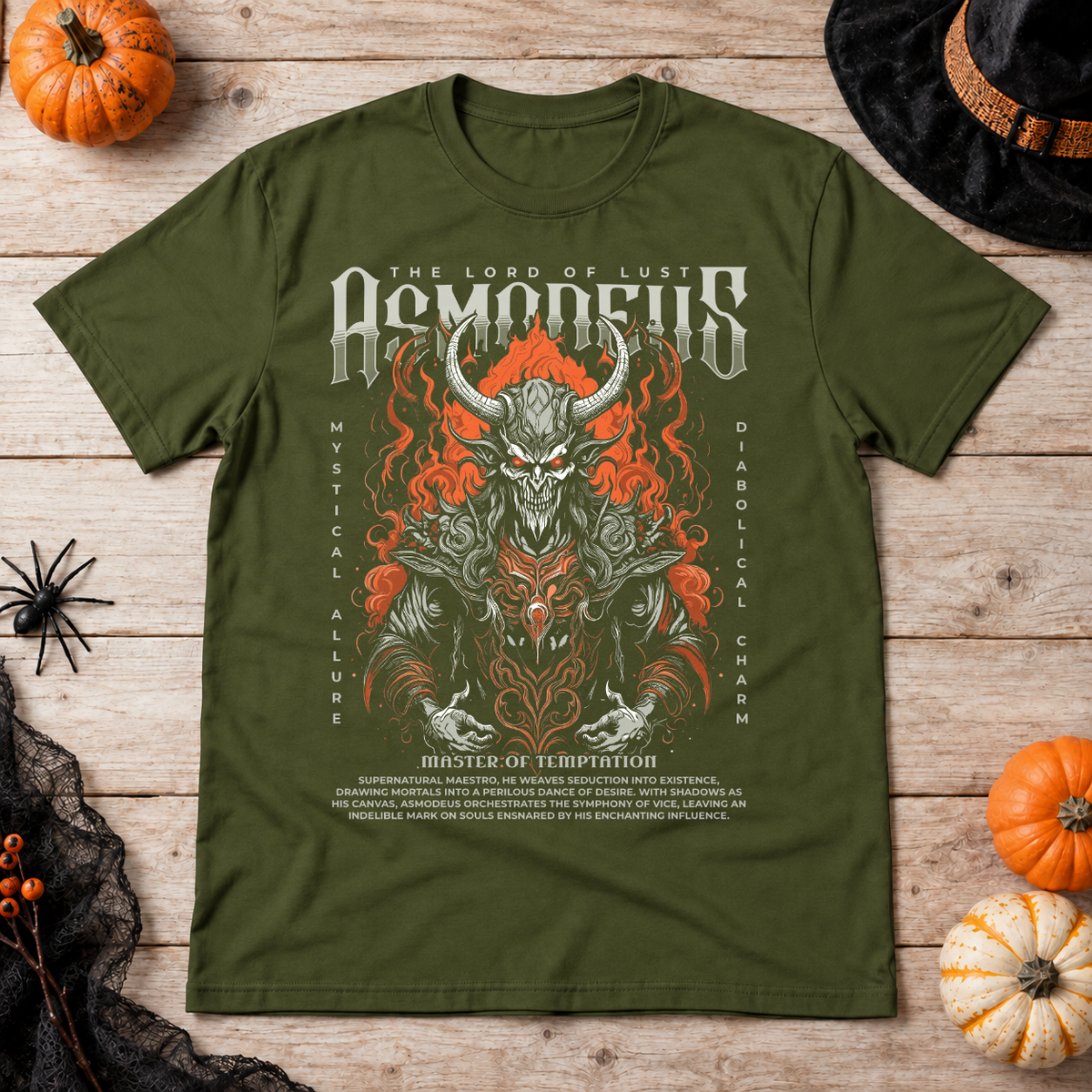 Asmodeus T-Shirt – Skull & Reaper Gothic Graphic Graphic Tee - Color: military green