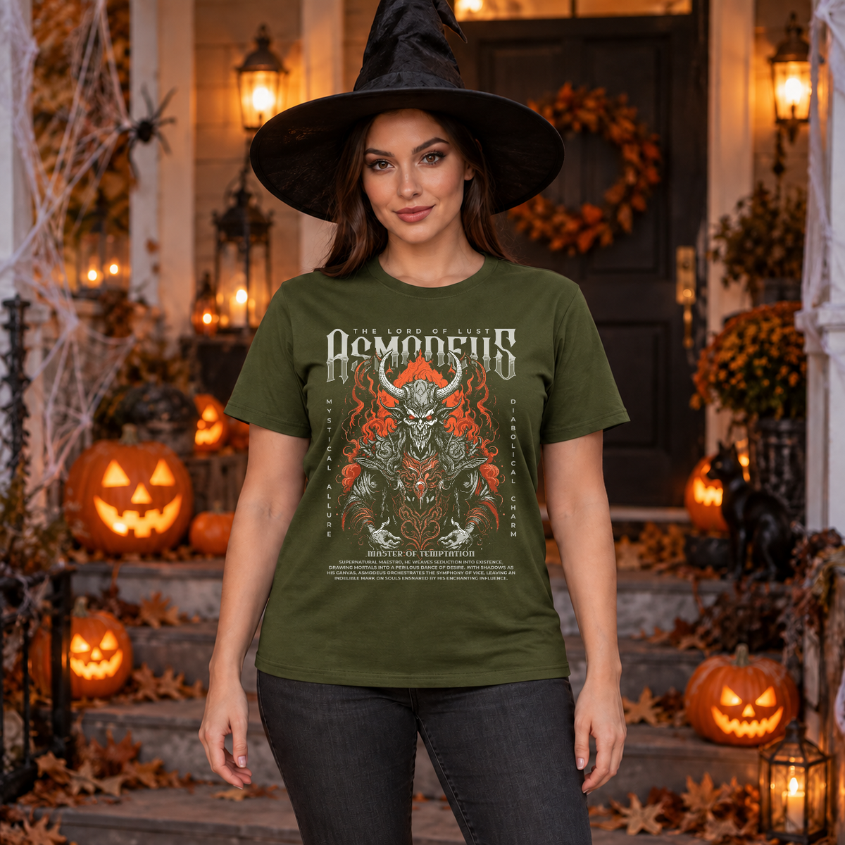 Asmodeus T-Shirt – Skull & Reaper Gothic Graphic Graphic Tee - Color: military green