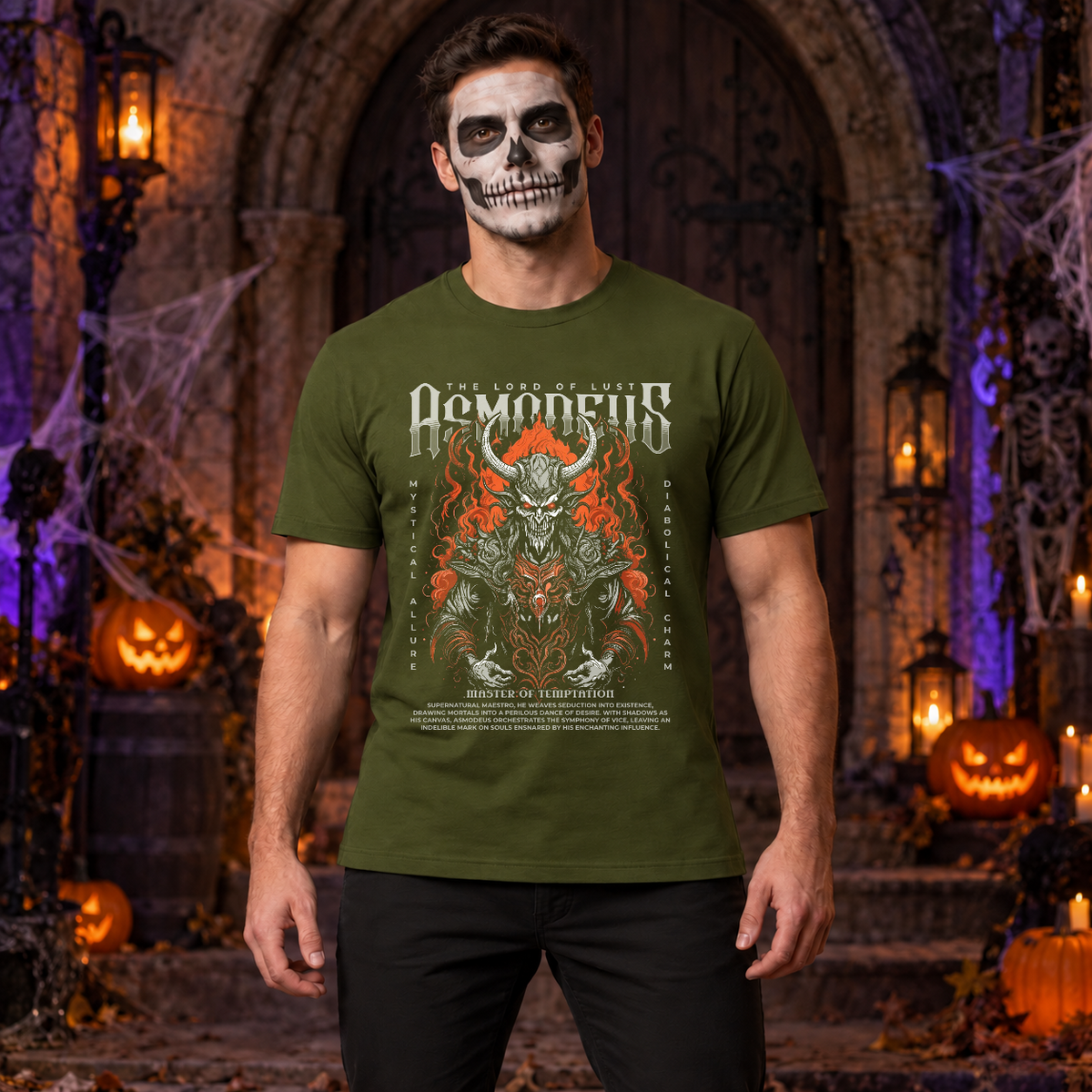 Asmodeus T-Shirt – Skull & Reaper Gothic Graphic Graphic Tee - Color: military green