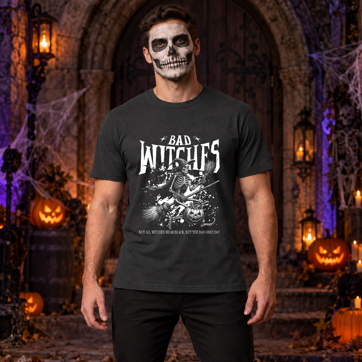Bad Witches T-Shirt – Skull & Reaper Gothic Graphic Graphic Tee - Color: charcoal
