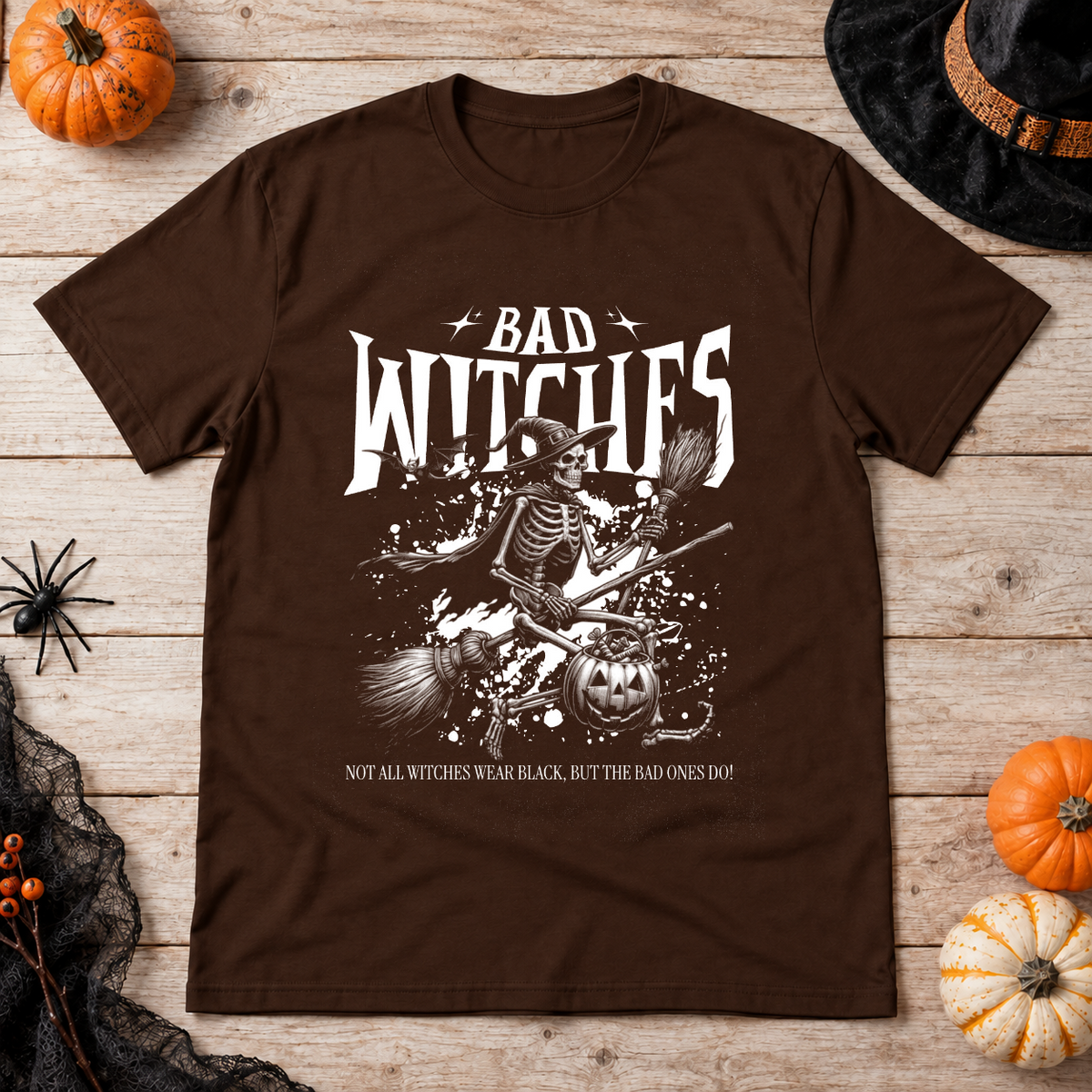 Bad Witches T-Shirt – Skull & Reaper Gothic Graphic Graphic Tee - Color: chocolate
