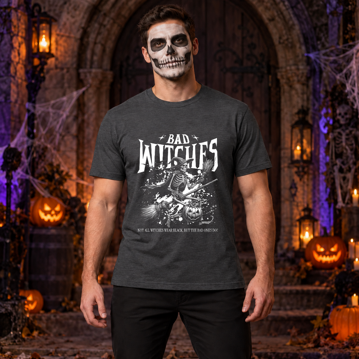 Bad Witches T-Shirt – Skull & Reaper Gothic Graphic Graphic Tee - Color: dark heather