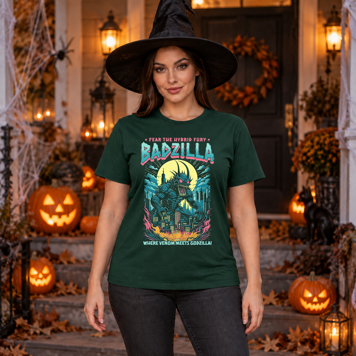 Badzilla T-Shirt – Dark Editorial Graphic Design Graphic Tee - Color: forest green