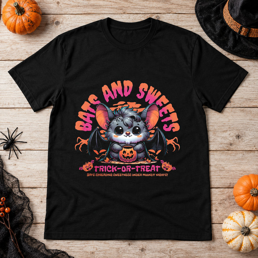 Bats And Sweets Trick Or Treat Spooky Halloween T-Shirt – Cute Halloween Graphic Graphic Tee - Color: black