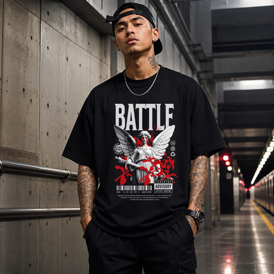 Battle God Angel T-Shirt – Gothic Streetwear Poster Graphic Tee - Color: Black