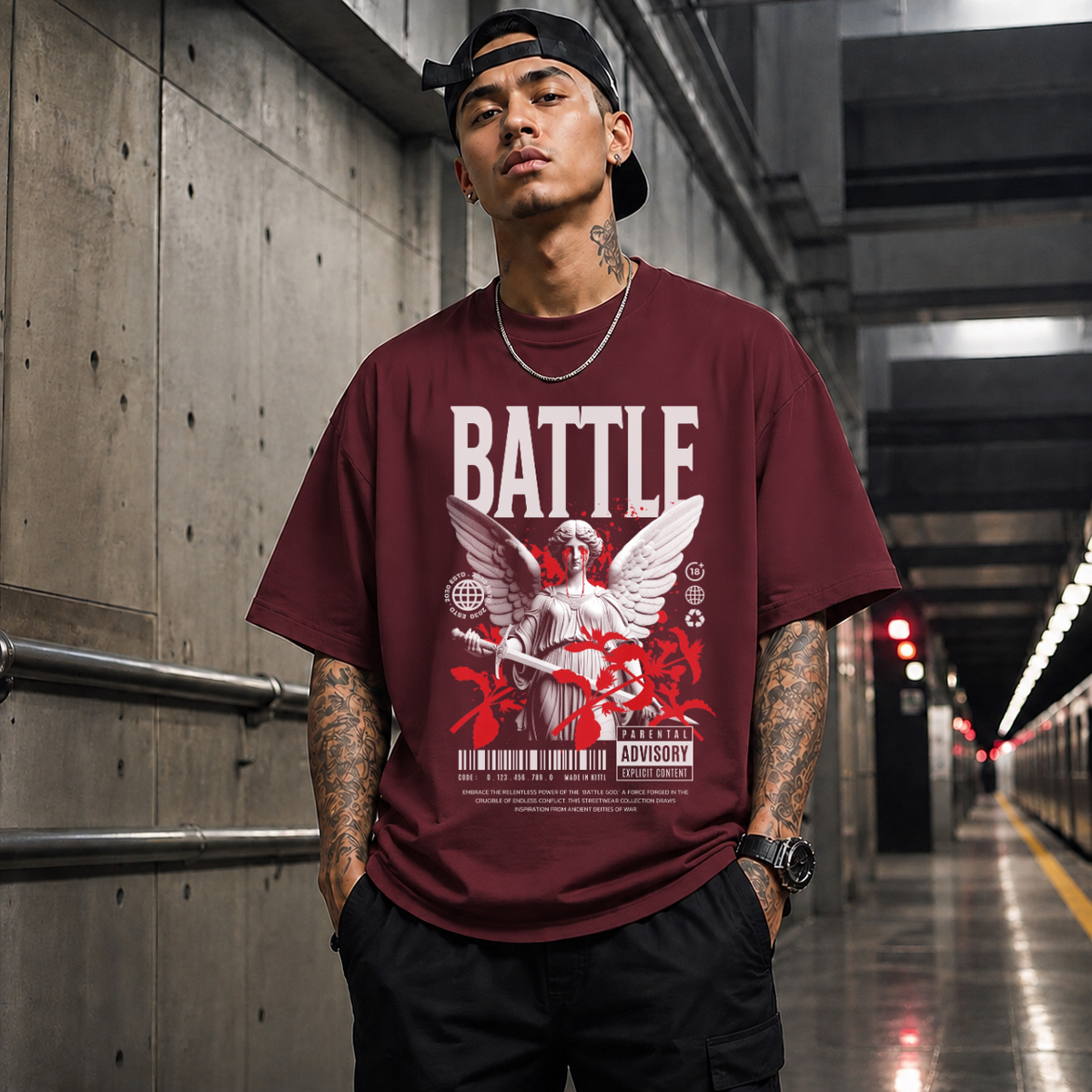 Battle God Angel T-Shirt – Gothic Streetwear Poster Graphic Tee - Color: Maroon