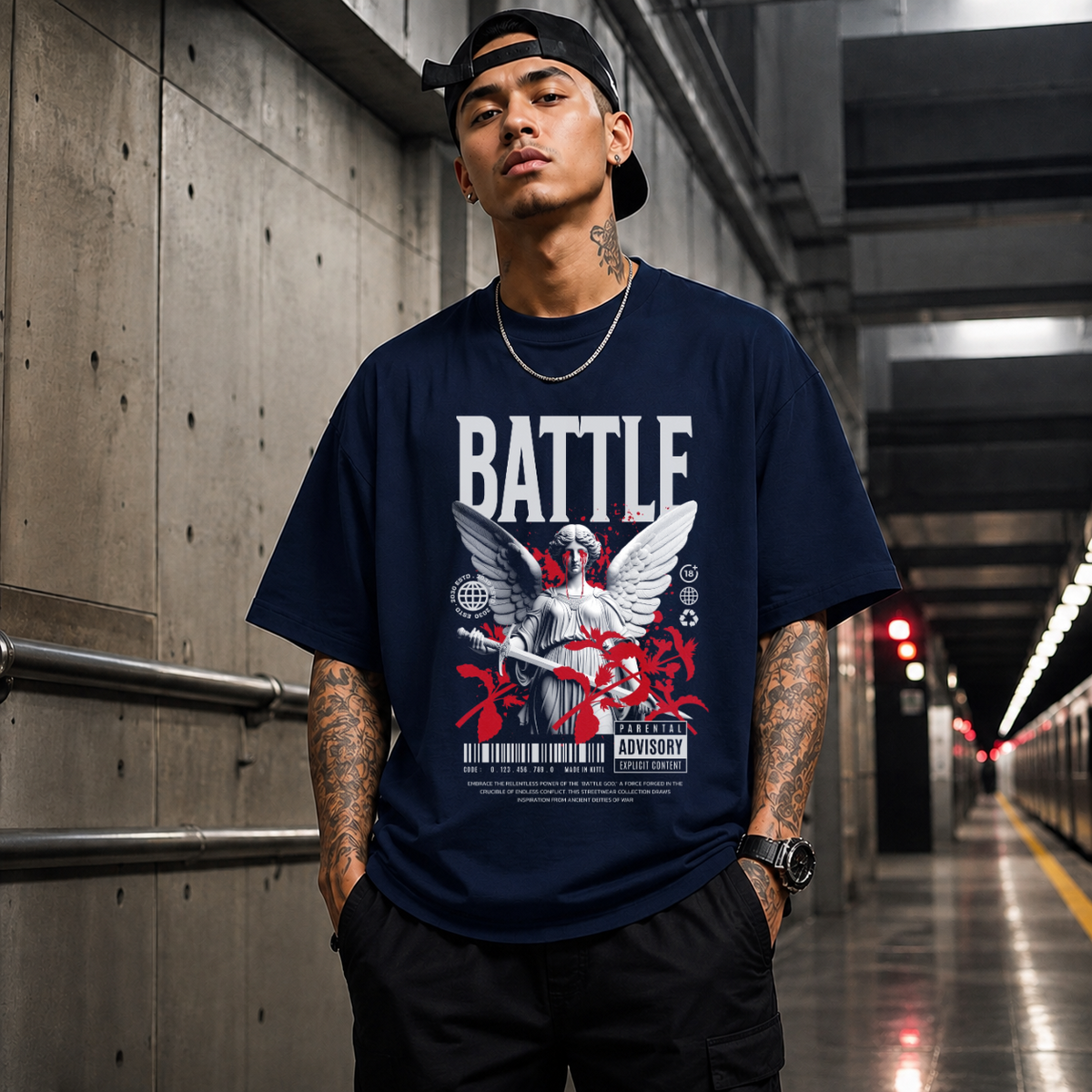 Battle God Angel T-Shirt – Gothic Streetwear Poster Graphic Tee - Color: Navy