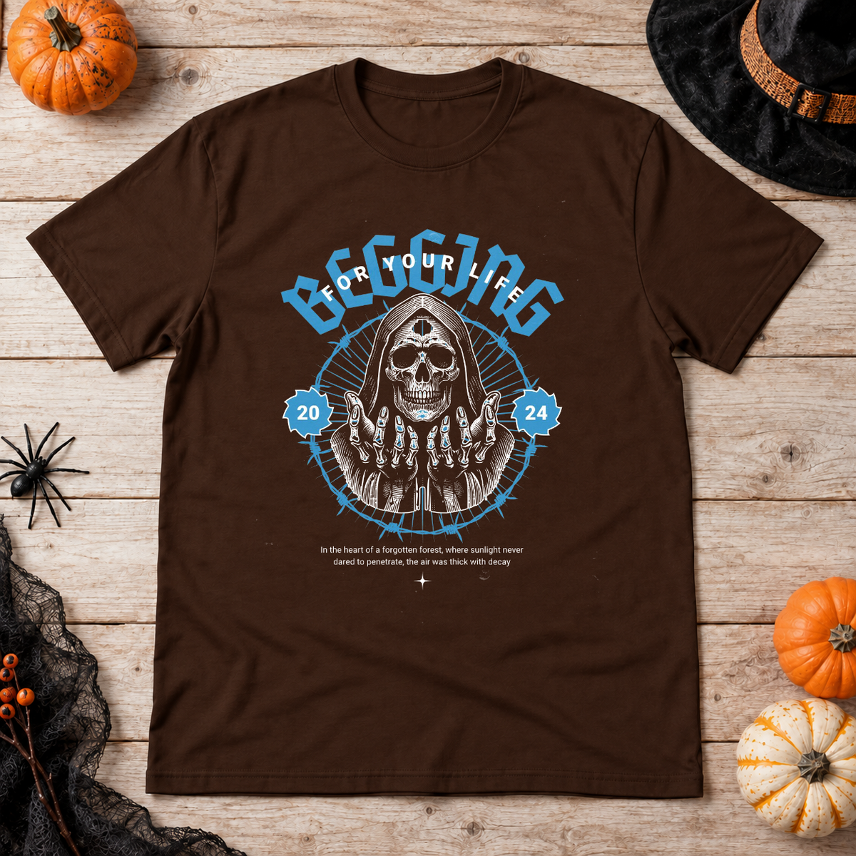 Begging For Your Life T-Shirt – Classic Halloween Graphic Design Graphic Tee - Color: chocolate