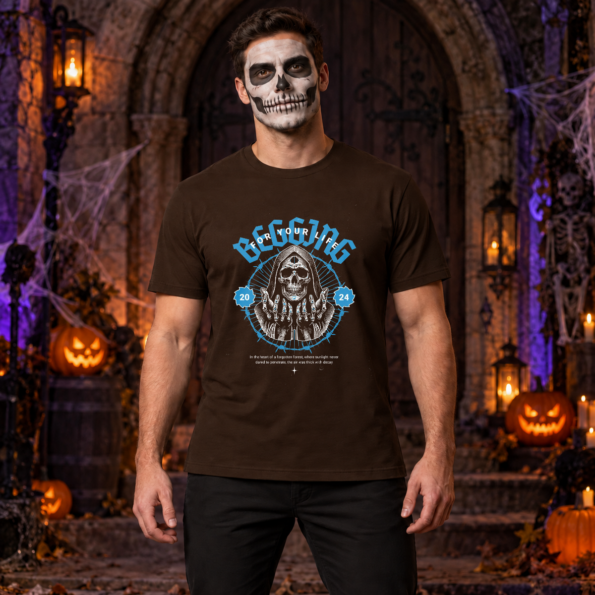 Begging For Your Life T-Shirt – Classic Halloween Graphic Design Graphic Tee - Color: chocolate