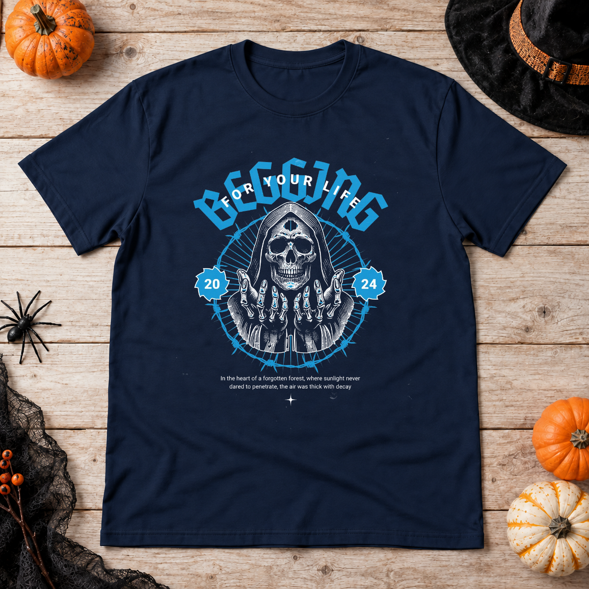 Begging For Your Life T-Shirt – Classic Halloween Graphic Design Graphic Tee - Color: navy