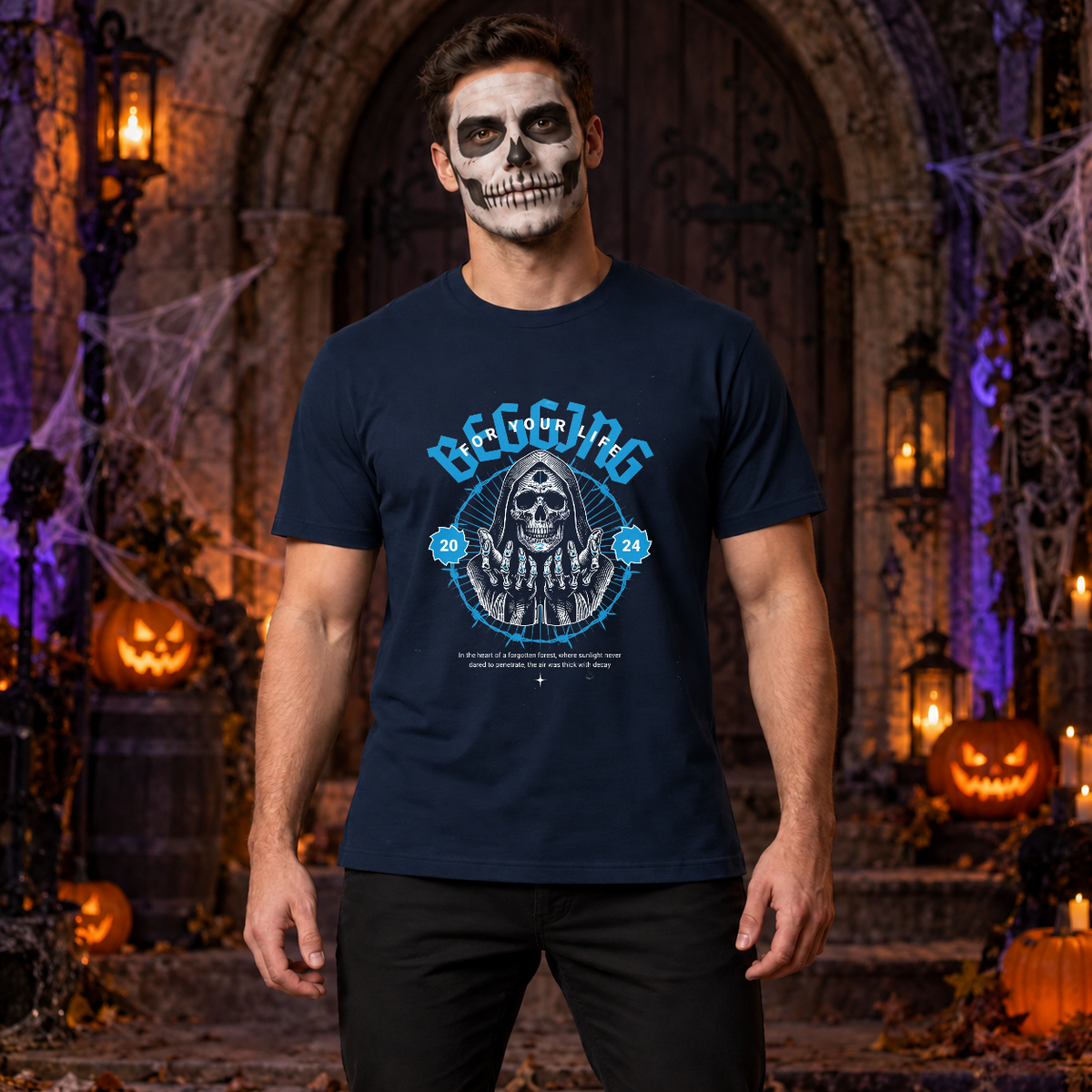 Begging For Your Life T-Shirt – Classic Halloween Graphic Design Graphic Tee - Color: navy