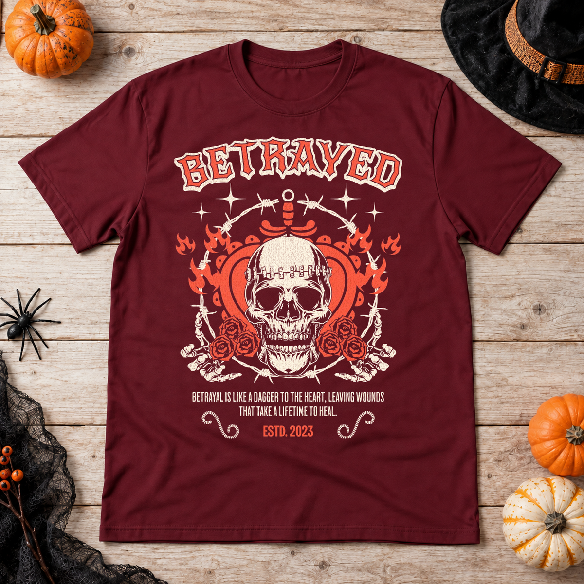 Betrayed T-Shirt – Dark Editorial Graphic Design Graphic Tee - Color: maroon