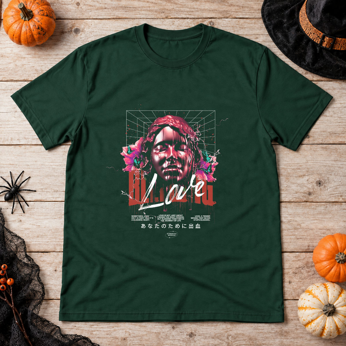 Bleeding Love T-Shirt – Dark Editorial Graphic Design Graphic Tee - Color: forest green
