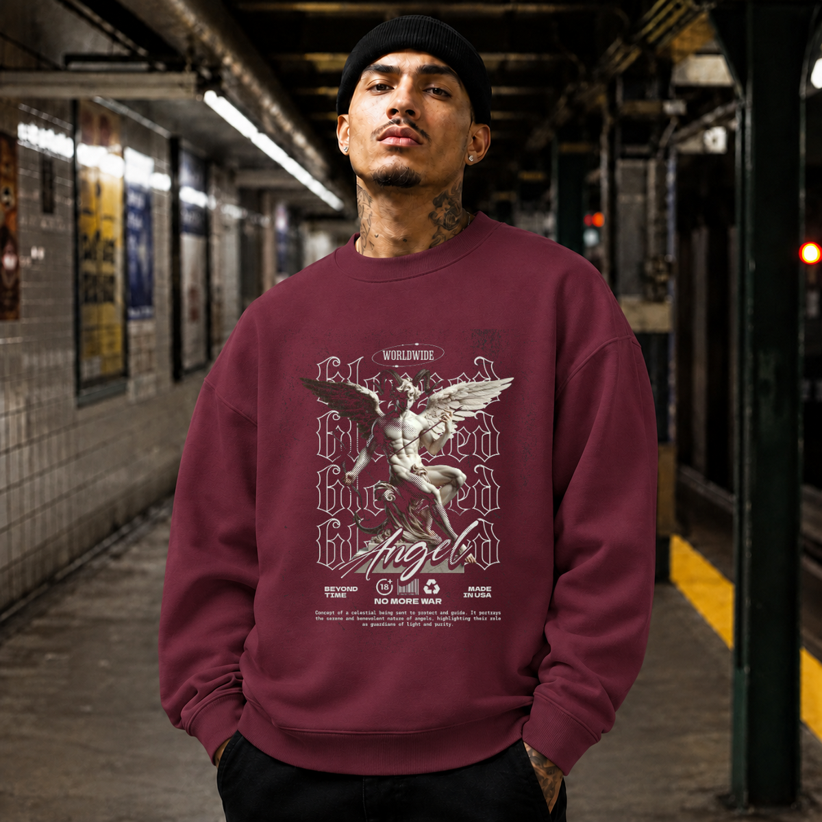 Blessed Angel Sweatshirt – Dark Art / Renaissance Aesthetic Graphic Sweatshirt - Color: maroon