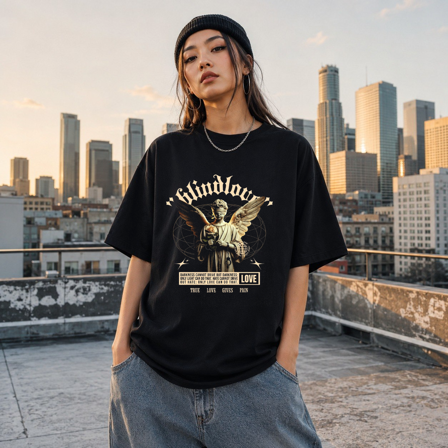 Blindlove Angel Statue T-Shirt – Gothic Streetwear Poster Graphic Tee - Color: Black