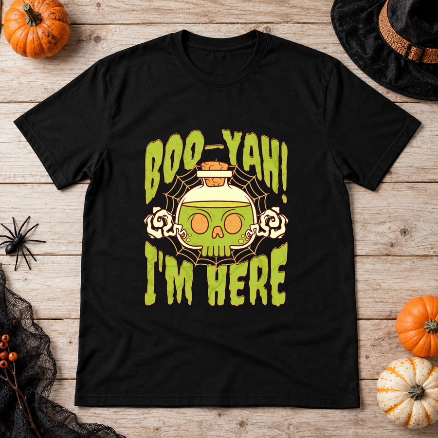 Boo-yah I'm Here Funny Halloween Skeleton T-Shirt – Skull & Reaper Gothic Graphic Graphic Tee - Color: black