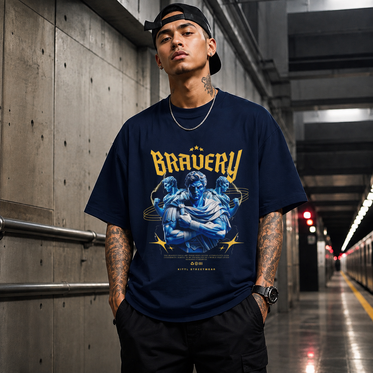 Bravery Warrior Statue T-Shirt – Dark Art / Renaissance Aesthetic Graphic Tee - Color: Navy