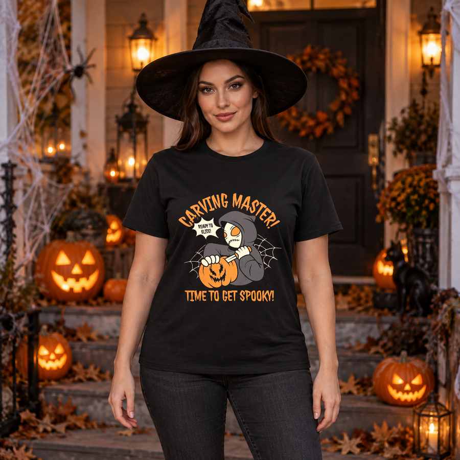 Carving Master Time To Get Spooky Pumpkin T-Shirt – Halloween Streetwear Graphic Graphic Tee - Color: black