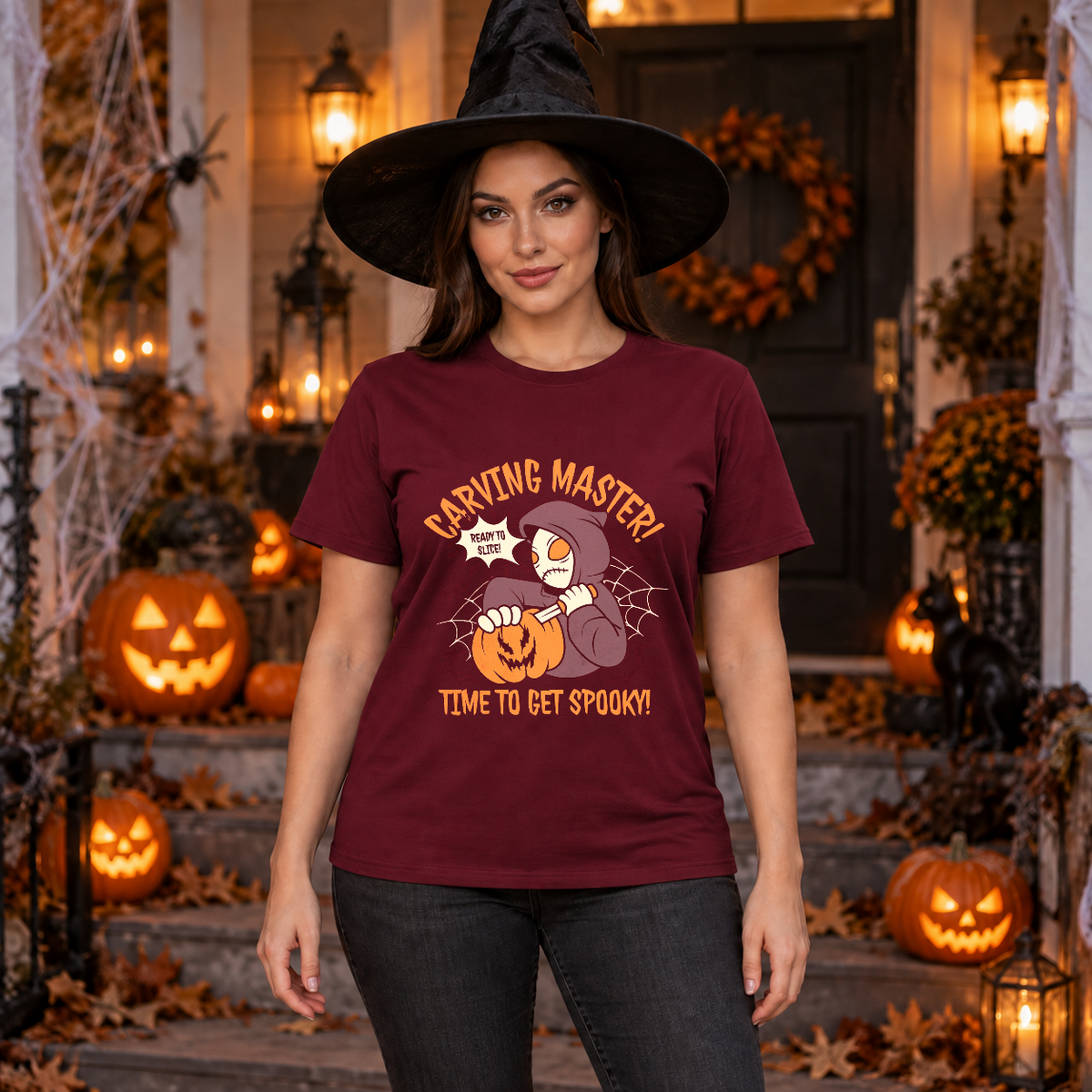 Carving Master Time To Get Spooky Pumpkin T-Shirt – Halloween Streetwear Graphic Graphic Tee - Color: maroon