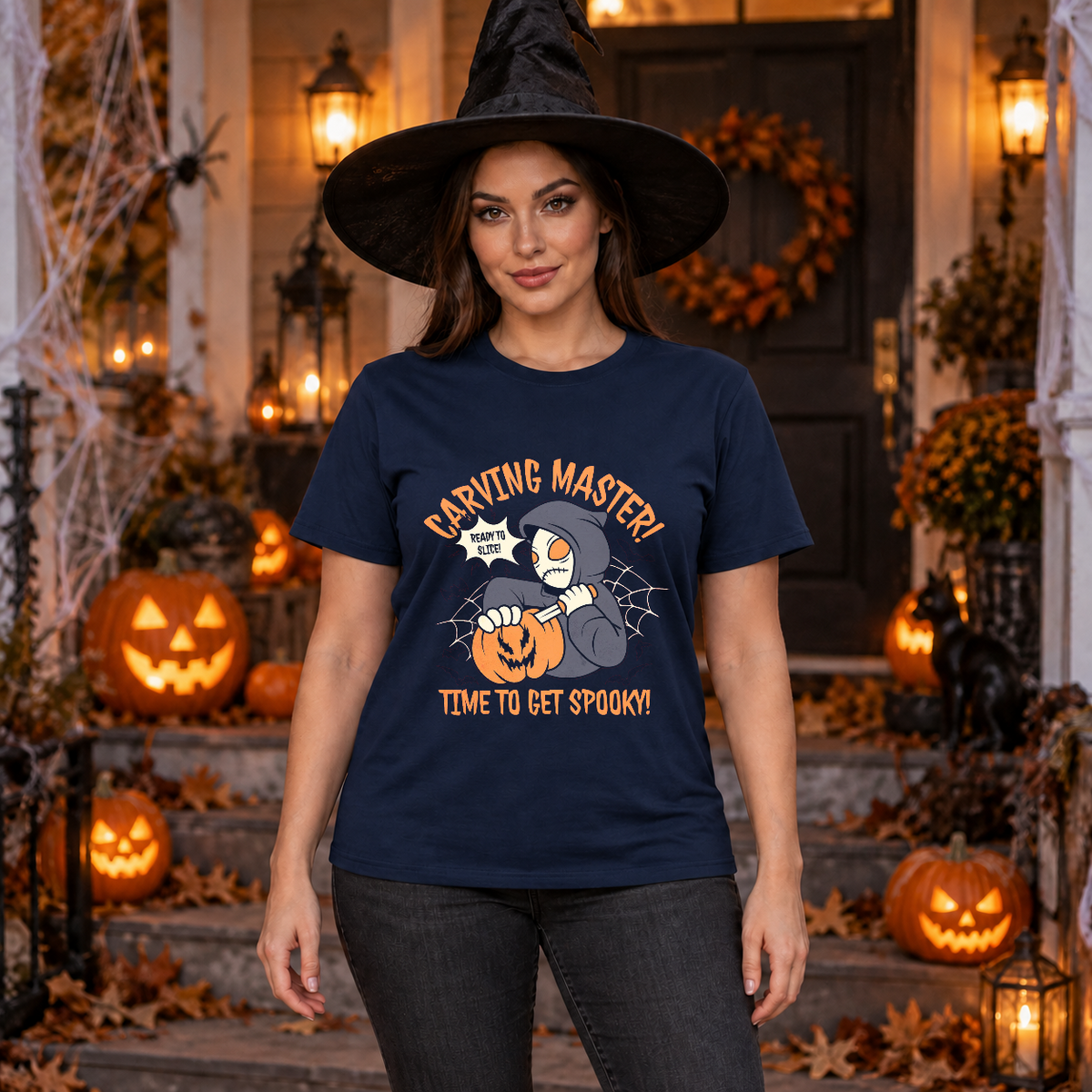 Carving Master Time To Get Spooky Pumpkin T-Shirt – Halloween Streetwear Graphic Graphic Tee - Color: navy