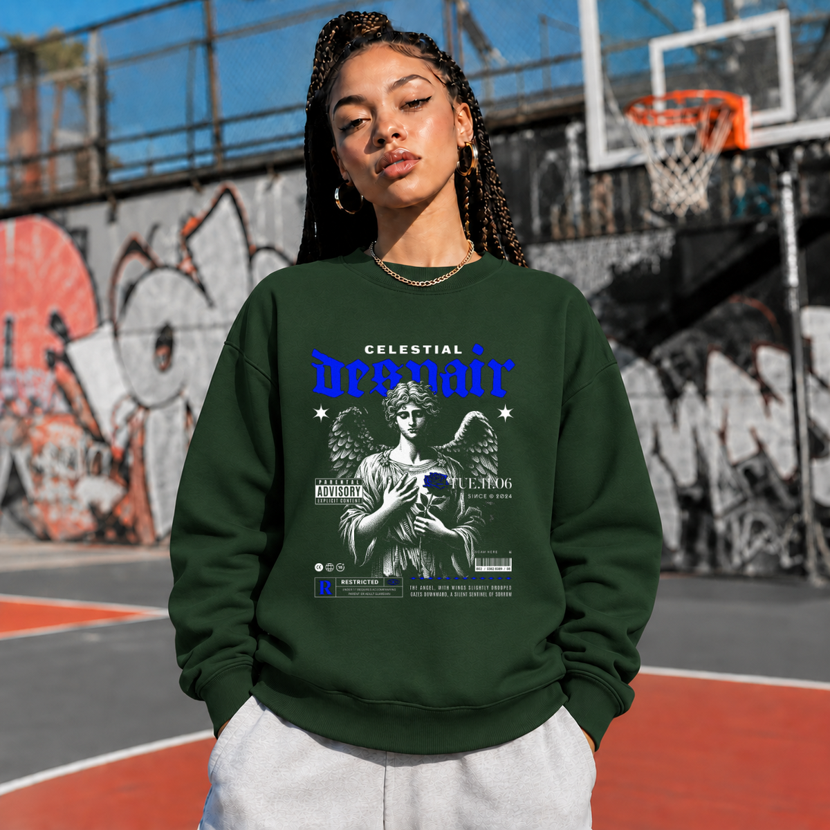 Celestial Despair Sweatshirt – Dark Editorial / Gothic Streetwear Sweatshirt - Color: forest green