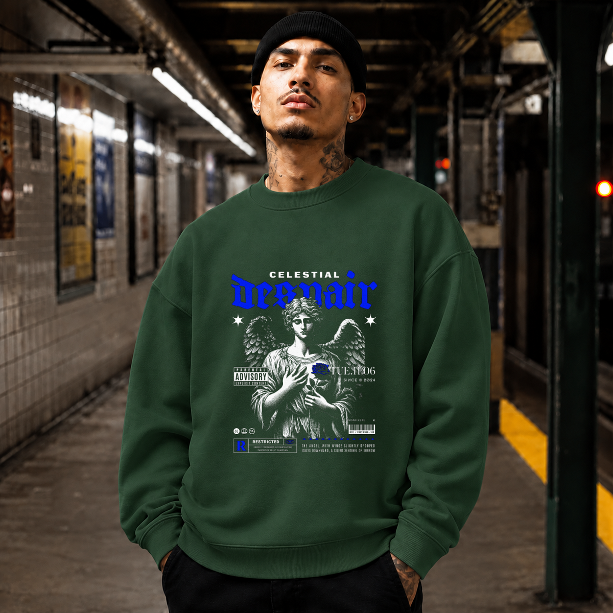 Celestial Despair Sweatshirt – Dark Editorial / Gothic Streetwear Sweatshirt - Color: forest green