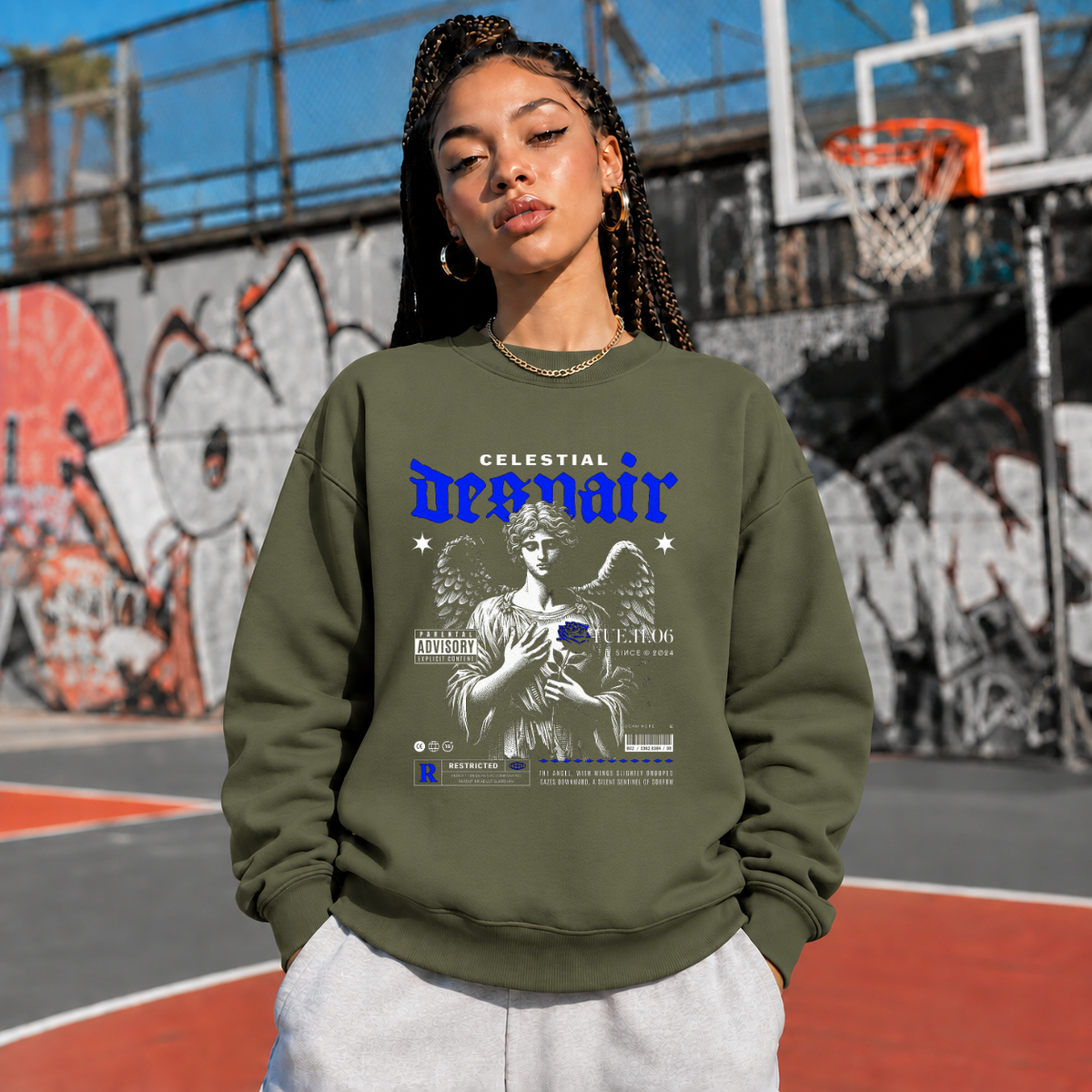 Celestial Despair Sweatshirt – Dark Editorial / Gothic Streetwear Sweatshirt - Color: military green