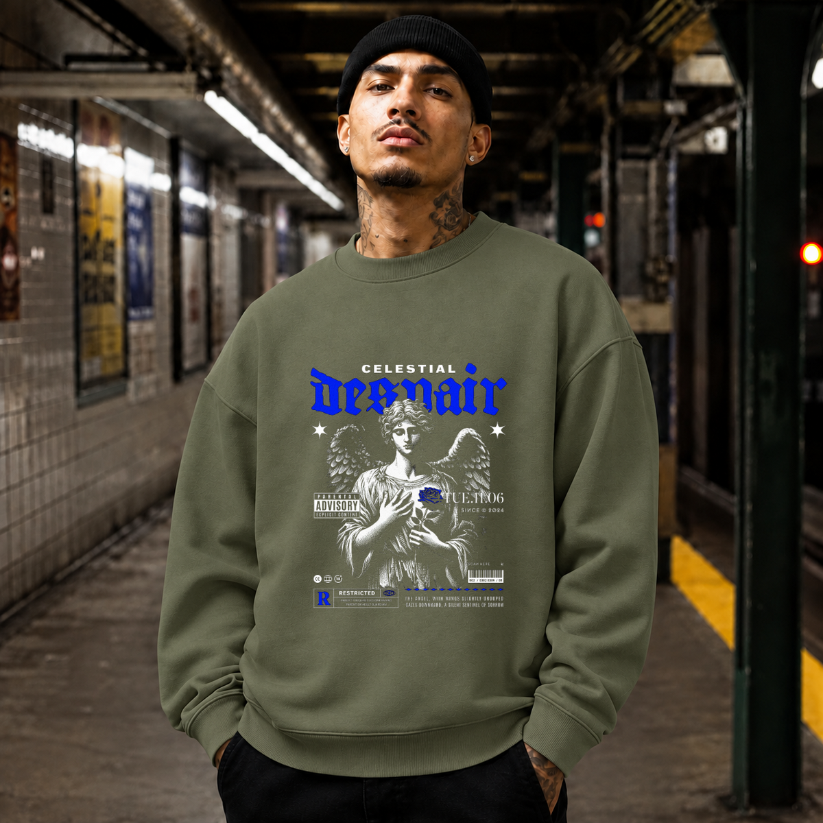 Celestial Despair Sweatshirt – Dark Editorial / Gothic Streetwear Sweatshirt - Color: military green
