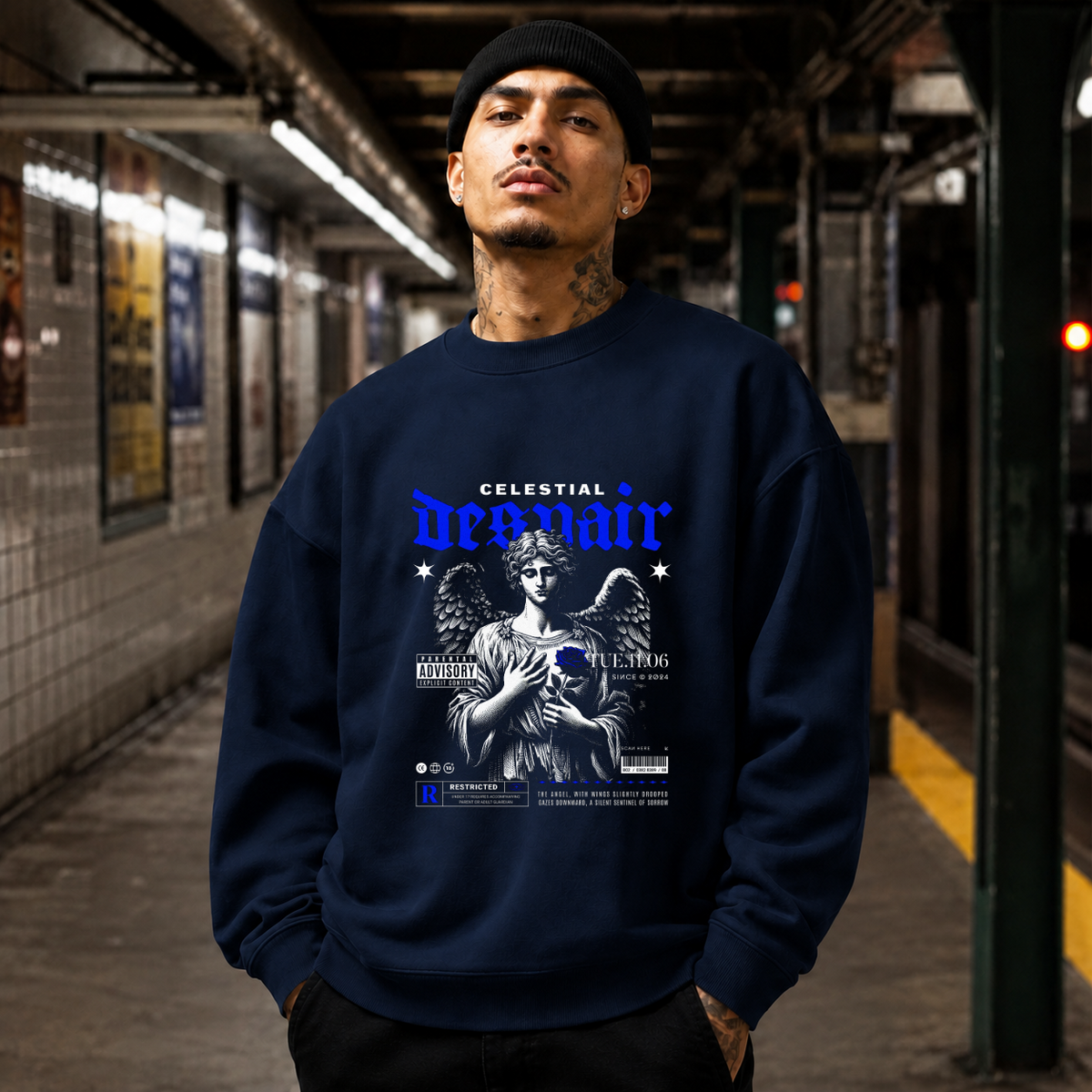 Celestial Despair Sweatshirt – Dark Editorial / Gothic Streetwear Sweatshirt - Color: navy