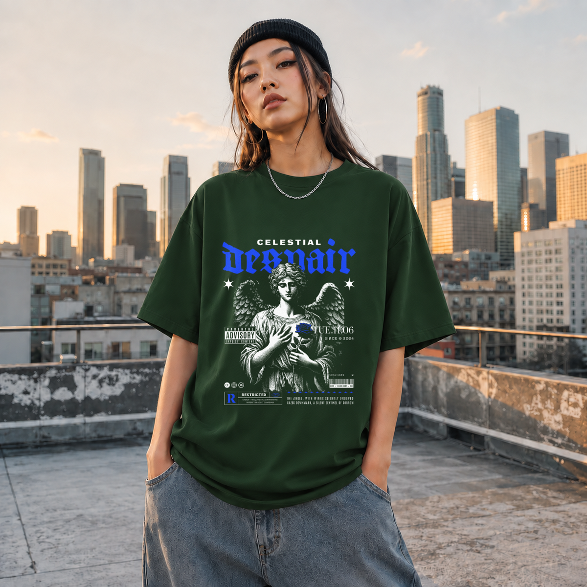 Celestial Despair T-Shirt – Dark Editorial / Gothic Streetwear Tee - Color: Forest Green