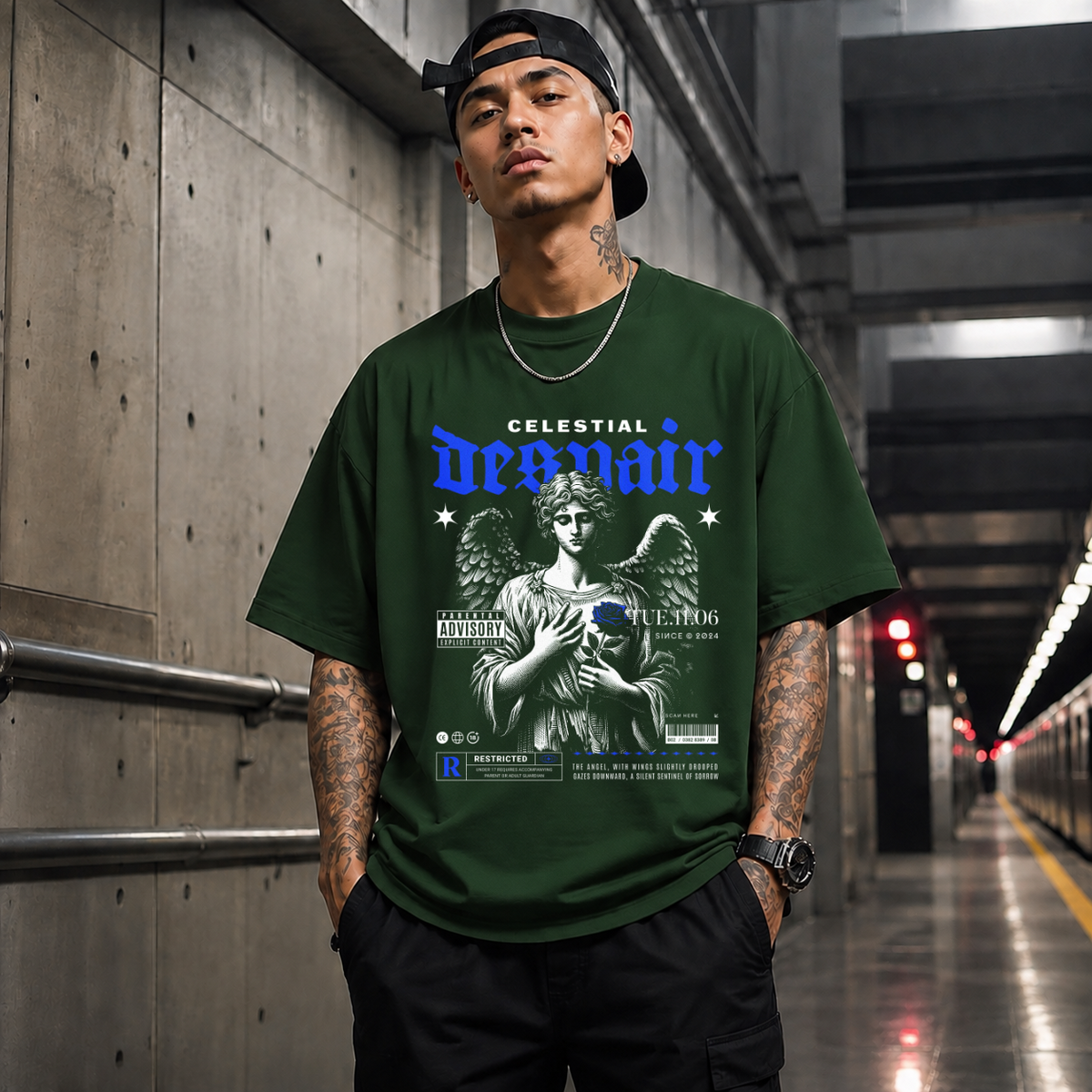 Celestial Despair T-Shirt – Dark Editorial / Gothic Streetwear Tee - Color: Forest Green