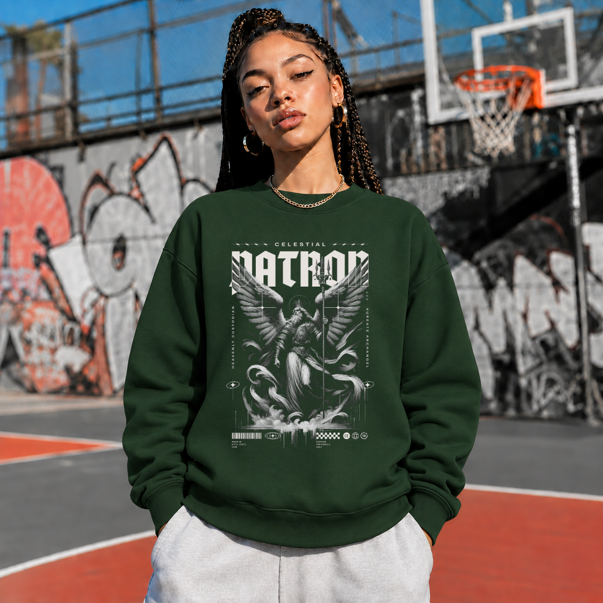 Celestial Patron Angel Sweatshirt – Dark Art / Renaissance Aesthetic Graphic Sweatshirt - Color: forest green