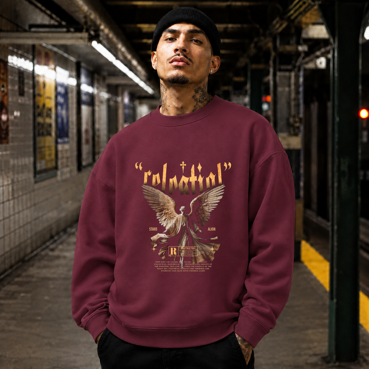 Celestial Relential Angel Sweatshirt – Dark Art / Renaissance Aesthetic Graphic Sweatshirt - Color: maroon