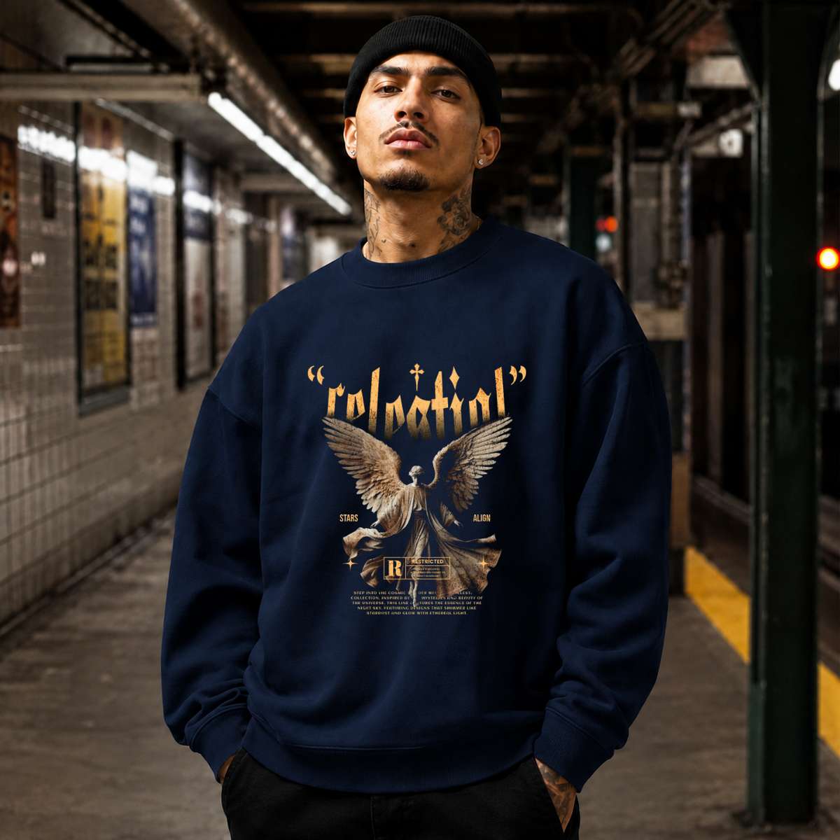 Celestial Relential Angel T-Shirt – Dark Art / Renaissance Aesthetic Graphic Tee - Color: navy