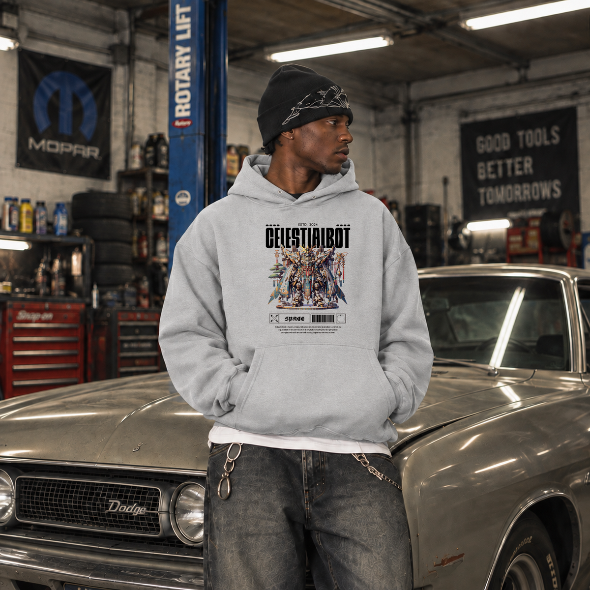 Celestialbot Ancient Armor Robot Hoodie – Contemporary Gothic Graphic Design Hoodie - Color: sport grey
