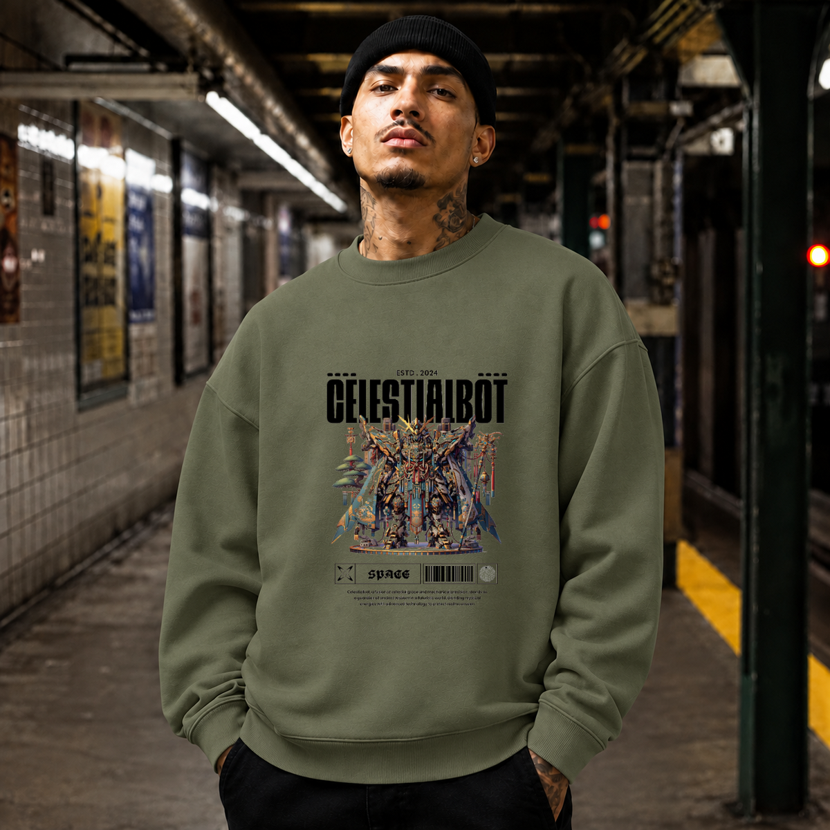 Celestialbot Ancient Armor Robot Sweatshirt – Contemporary Gothic Graphic Design Sweatshirt - Color: military green