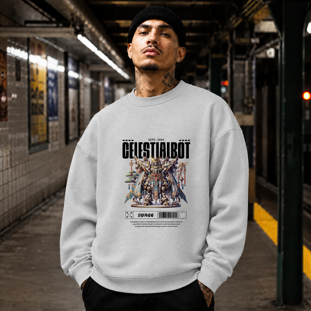 Celestialbot Ancient Armor Robot Sweatshirt – Contemporary Gothic Graphic Design Sweatshirt - Color: sport grey