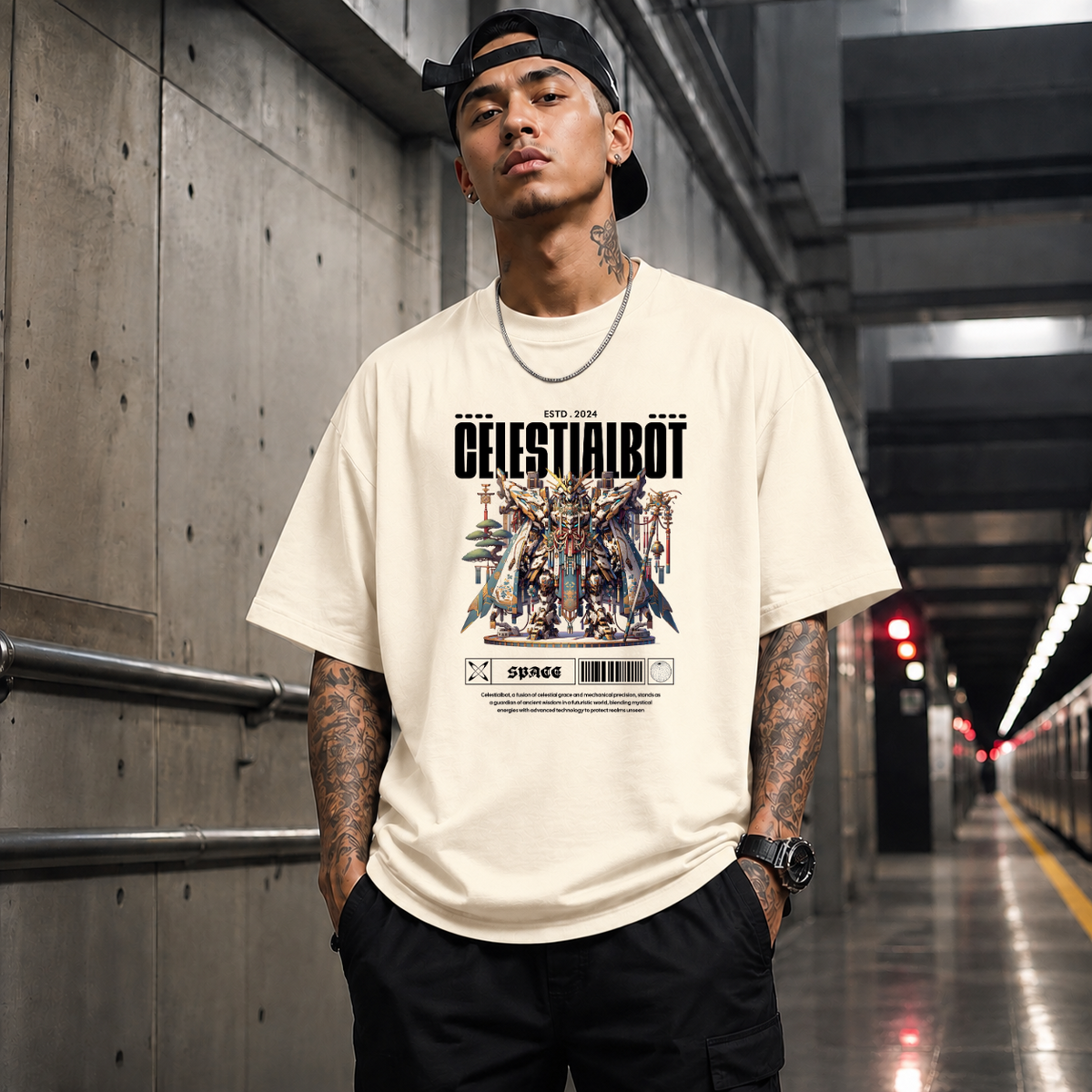 Celestialbot Ancient Armor Robot T-Shirt – Contemporary Gothic Graphic Design Tee - Color: natural