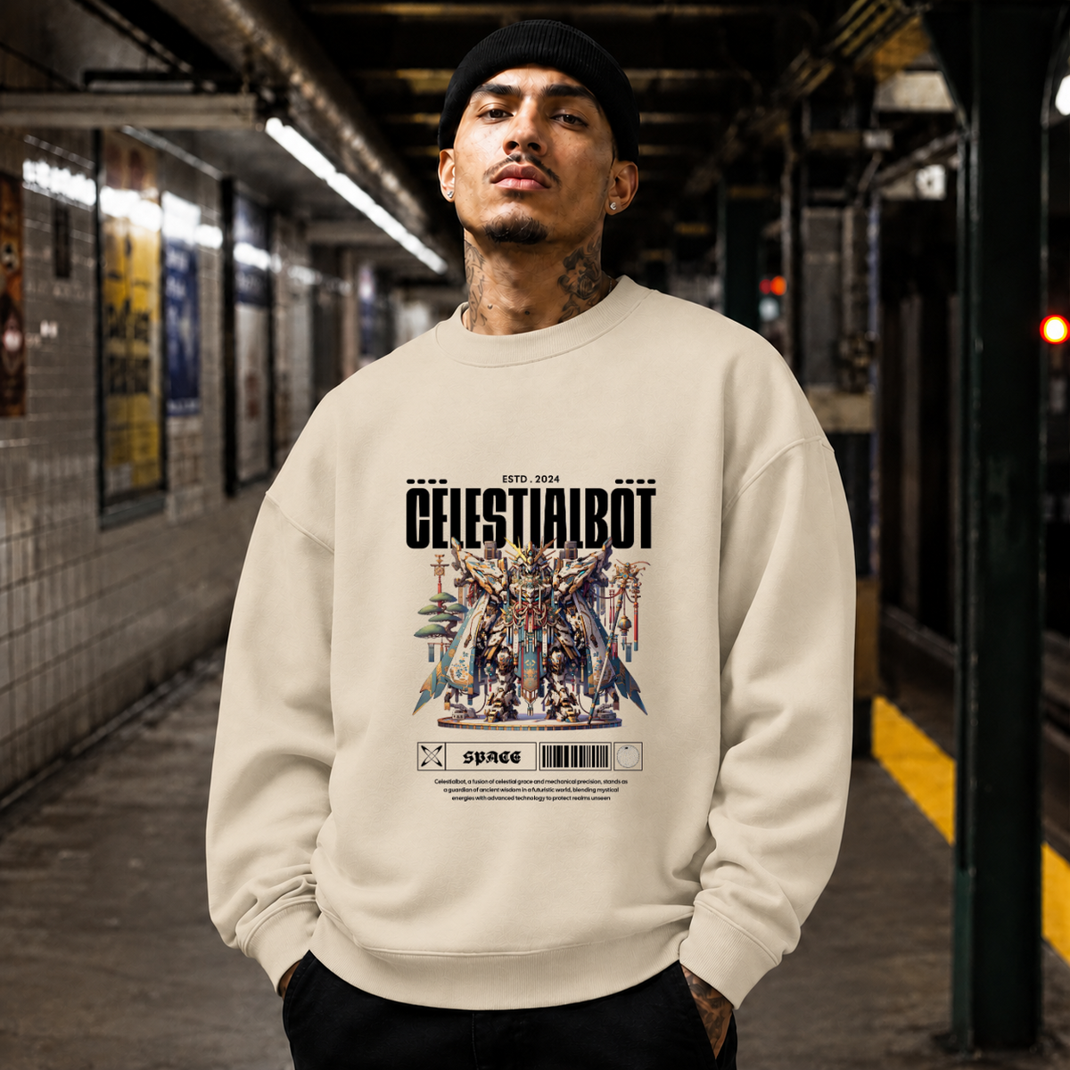 Celestialbot Ancient Armor Robot T-Shirt – Contemporary Gothic Graphic Design Tee - Color: sand