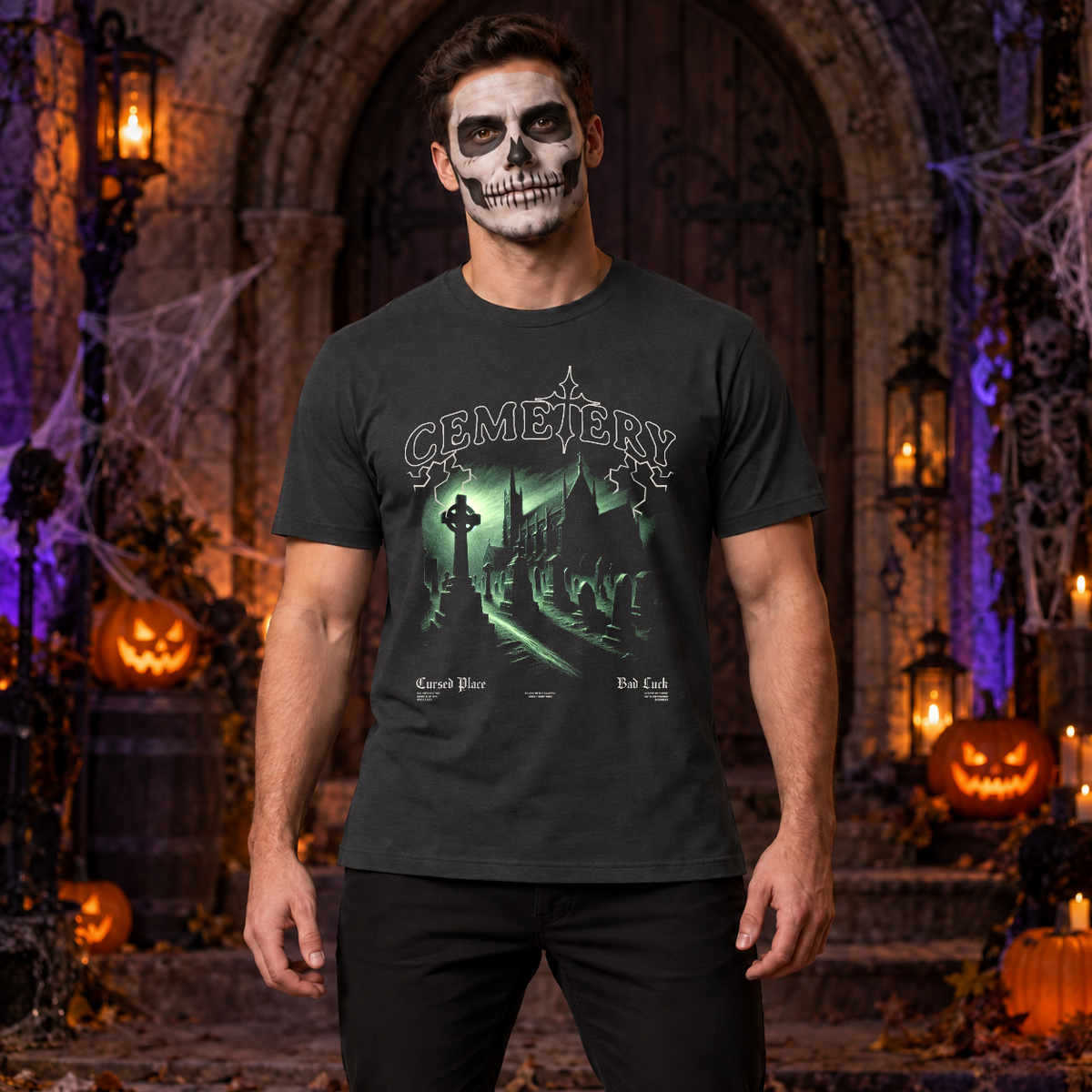 Cemetery T-Shirt – Classic Halloween Graphic Design Graphic Tee - Color: charcoal