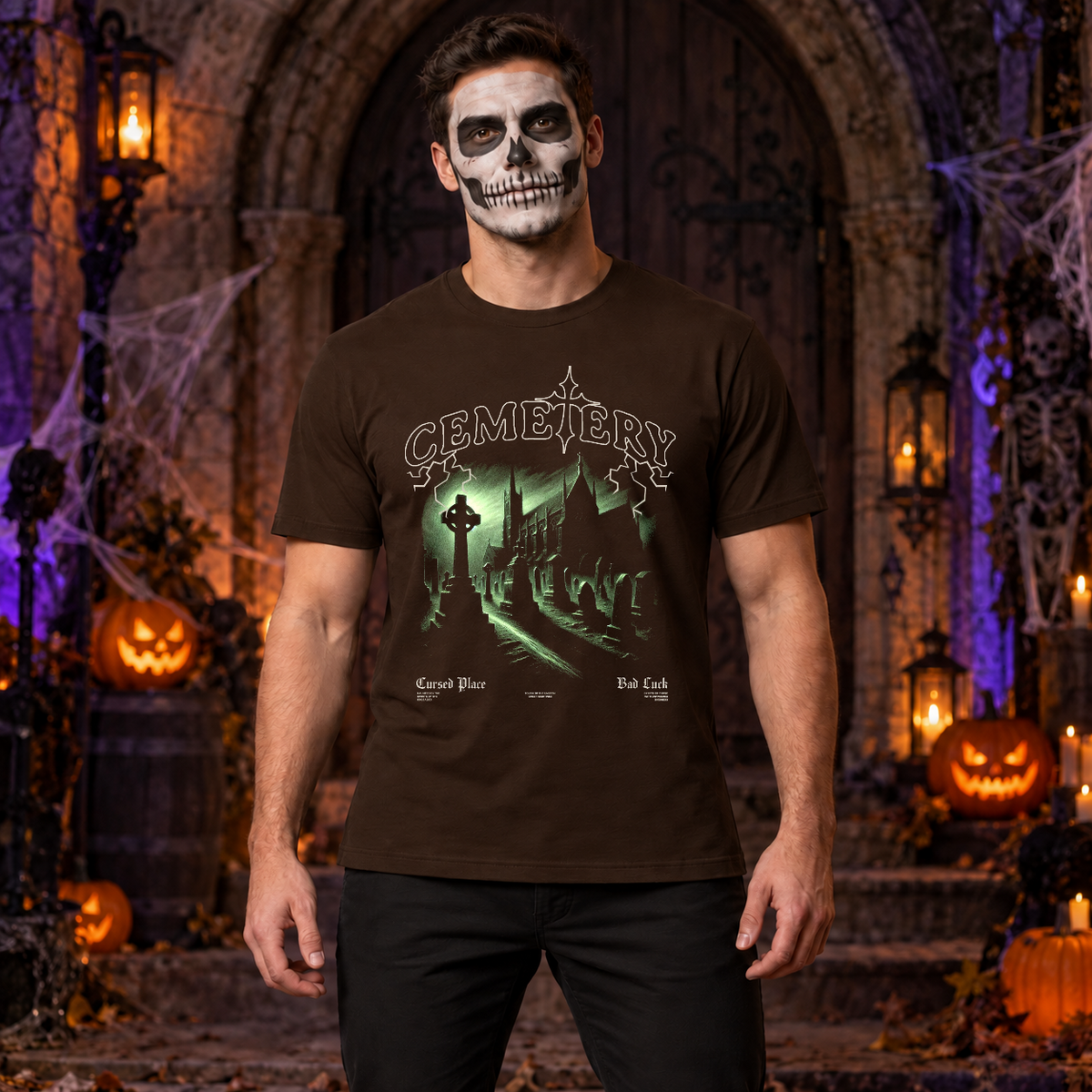 Cemetery T-Shirt – Classic Halloween Graphic Design Graphic Tee - Color: chocolate