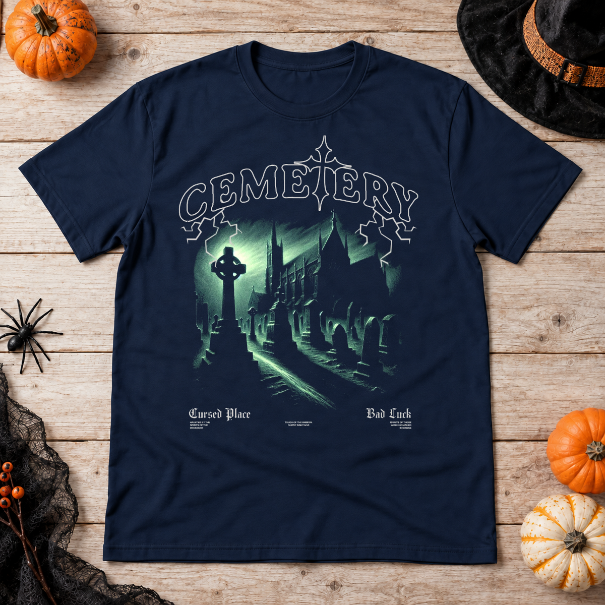 Cemetery T-Shirt – Classic Halloween Graphic Design Graphic Tee - Color: navy