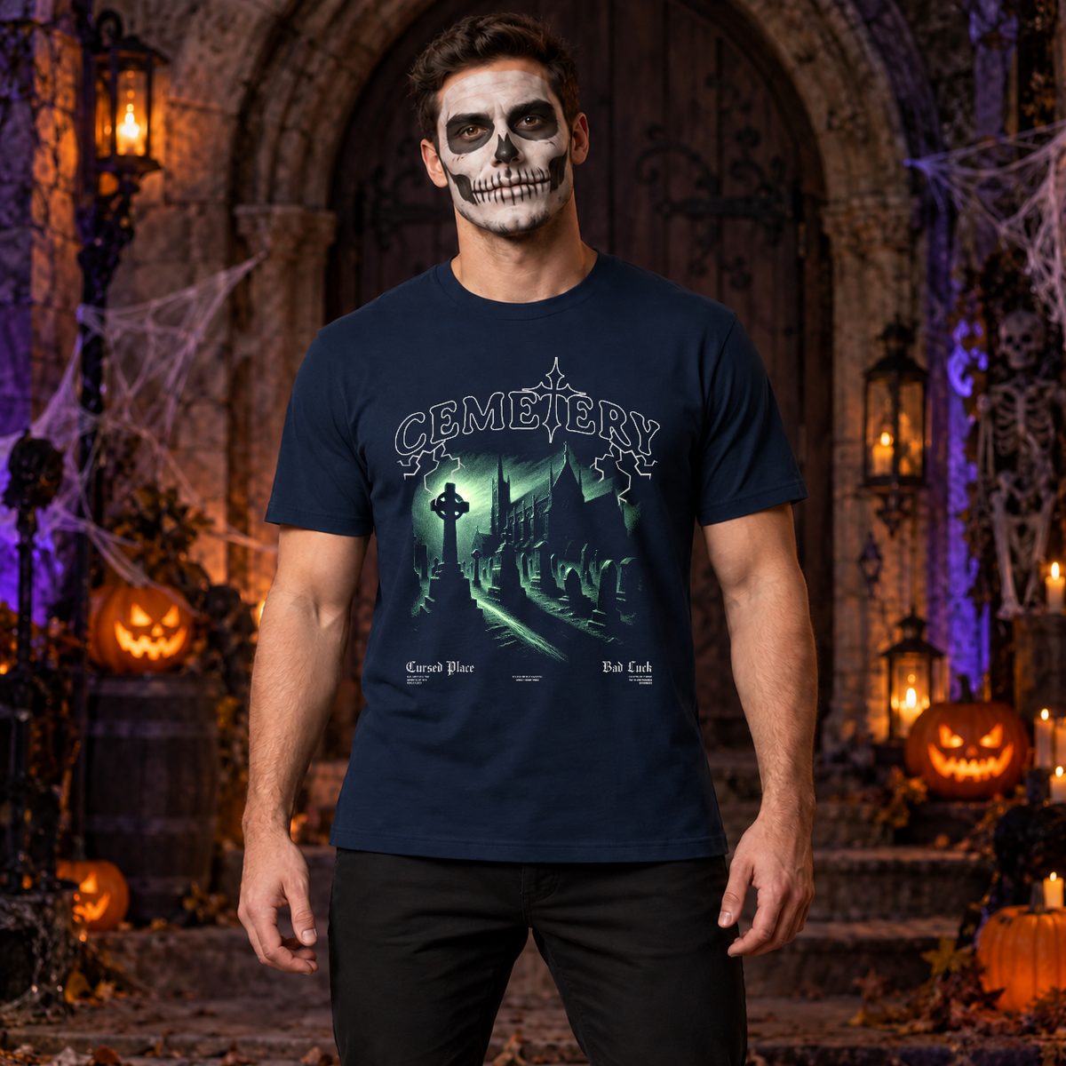 Cemetery T-Shirt – Classic Halloween Graphic Design Graphic Tee - Color: navy
