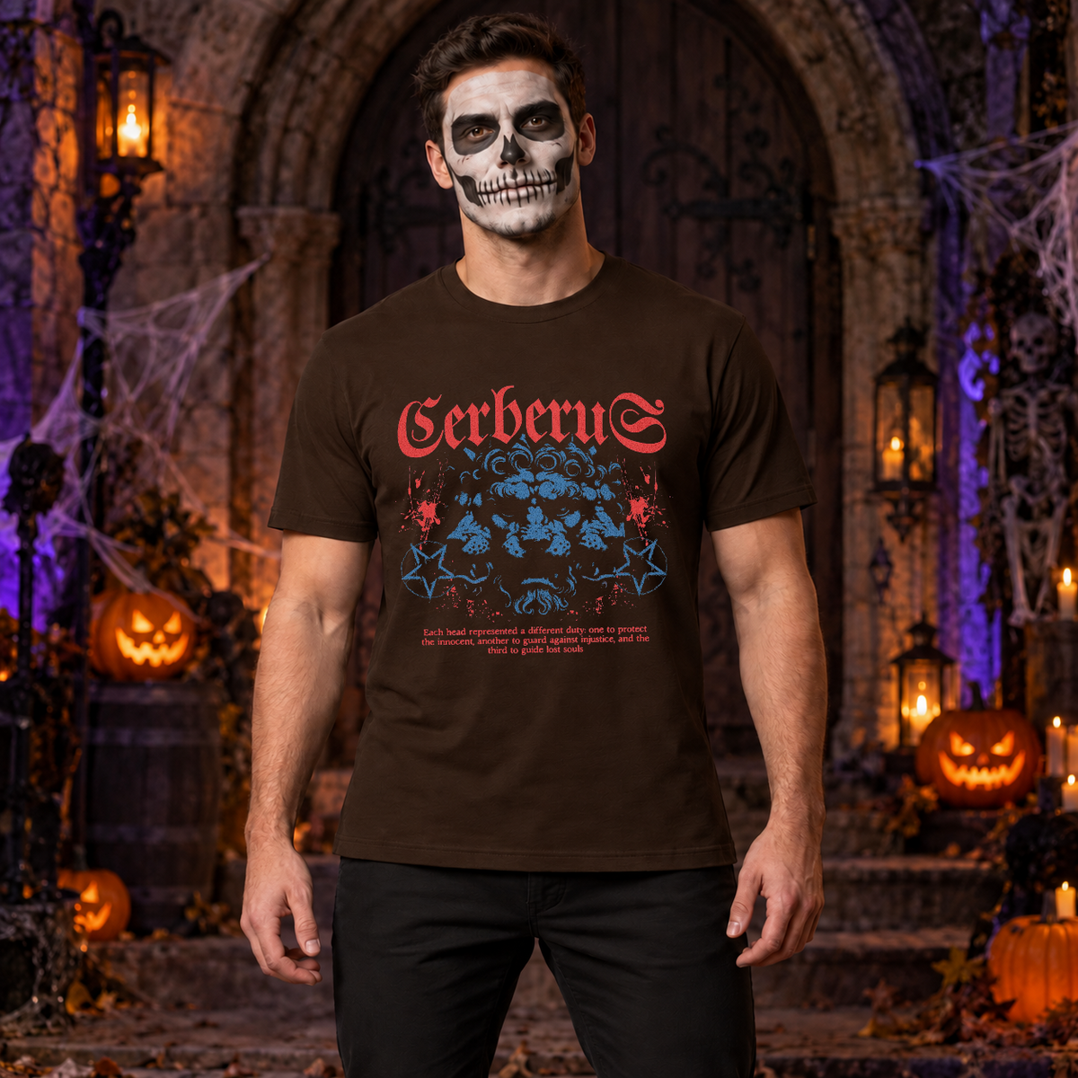 Cerberus T-Shirt – Skull & Reaper Gothic Graphic Graphic Tee - Color: chocolate