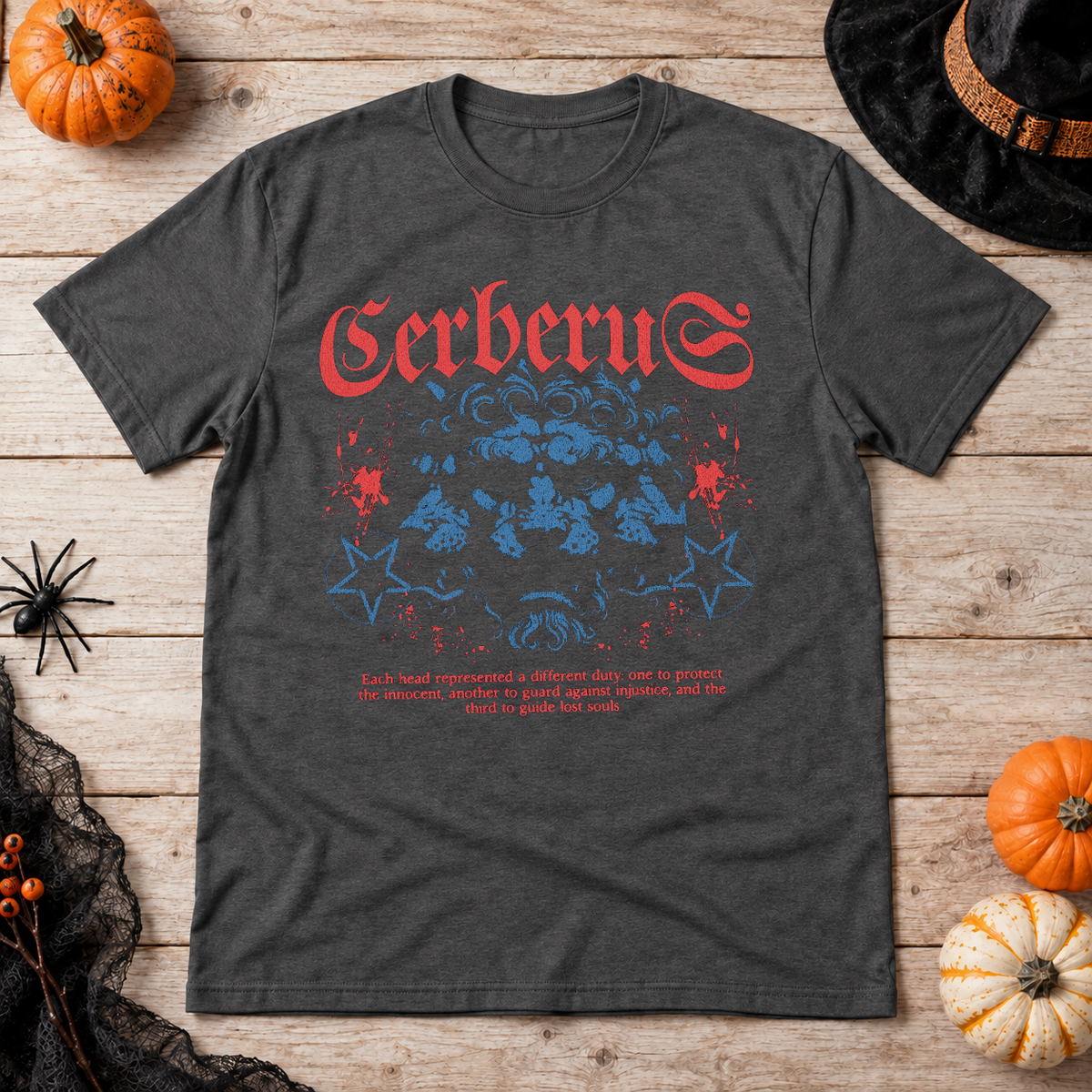 Cerberus T-Shirt – Skull & Reaper Gothic Graphic Graphic Tee - Color: dark heather
